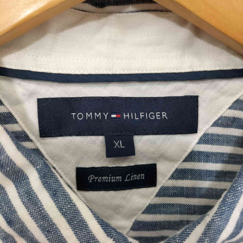 トミーヒルフィガー TOMMY HILFIGER リネン100 ストライプ マチ付 ボタンダウン S/S シャツ メンズ import:XL