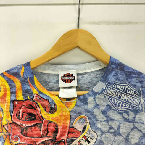 ハーレーダビッドソン HARLEY-DAVIDSON ファイヤーパターン 総柄 両面 プリント Tシャツ レディース import:M