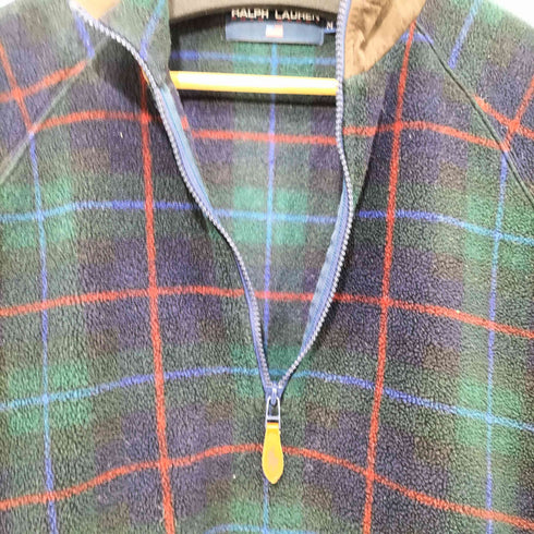 ポロスポーツラルフローレン POLO SPORT RALPH LAUREN 90s MALDEN MILLS ハーフジップ チェック エルボーパッチ ラグラン プルオーバー フリース ジャケット メンズ import:M