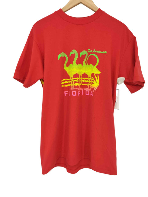 ヘインズ Hanes 90s USA製 3D FLORIDA フラミンゴプリント クルーネック 半袖 Tシャツ レディース import:M
