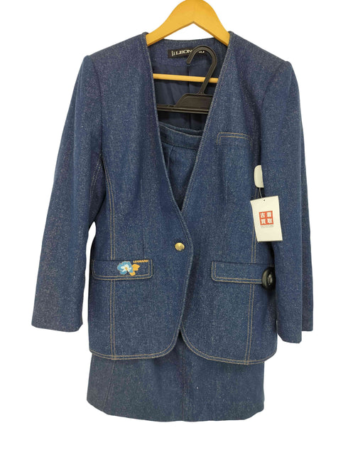 レオナール LEONARD シルク100 デニム ロゴ刺繍 ノーカラージャケット スカートセットアップ レディース 11ar