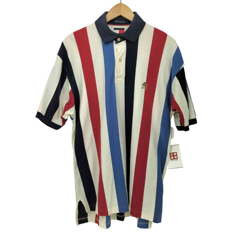 トミーヒルフィガー TOMMY HILFIGER 90s エンブレム 刺繍 トリコロール ストライプ ポロシャツ メンズ import:M