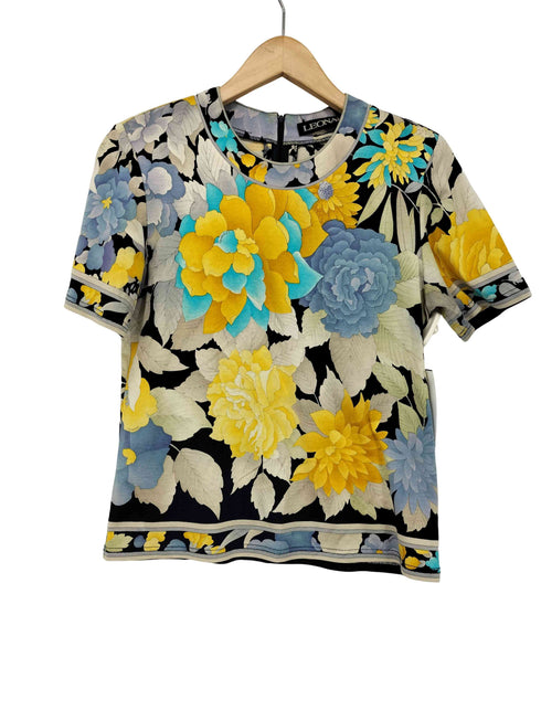 レオナール LEONARD コットン 花柄 モックネック ショートスリーブ カットソー レディース import:M