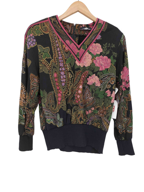 レオナール LEONARD ウール シルク混 花柄 Vネック リブ カットソー レディース import:L