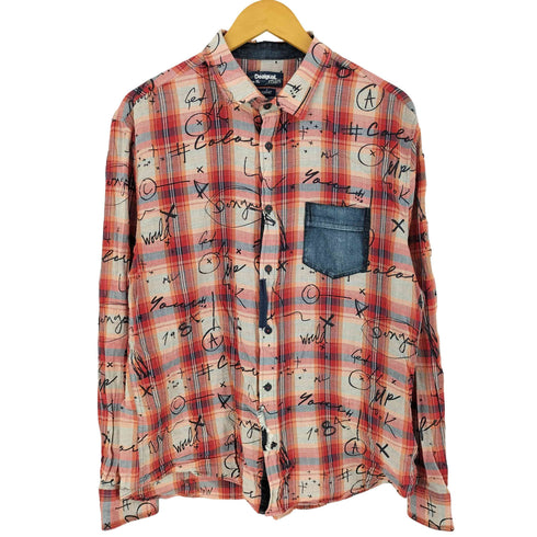 デシグアル Desigual 手書きプリント チェックシャツ メンズ XL
