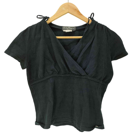 サルヴァトーレフェラガモ Salvatore Ferragamo MADE IN ITALY イタリア製 リボン Vネック ギャザー S/S クロップド Tシャツ ピチT レディース import:XS