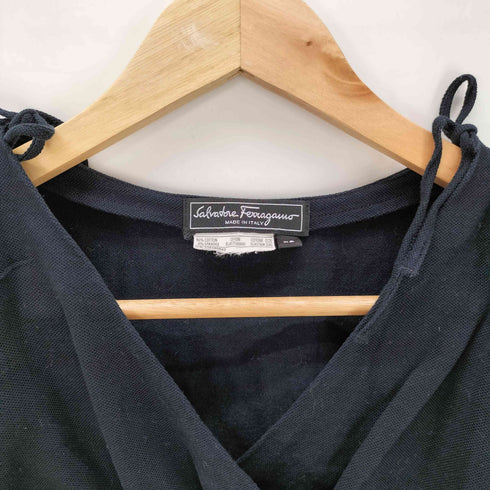 サルヴァトーレフェラガモ Salvatore Ferragamo MADE IN ITALY イタリア製 リボン Vネック ギャザー S/S クロップド Tシャツ ピチT レディース import:XS
