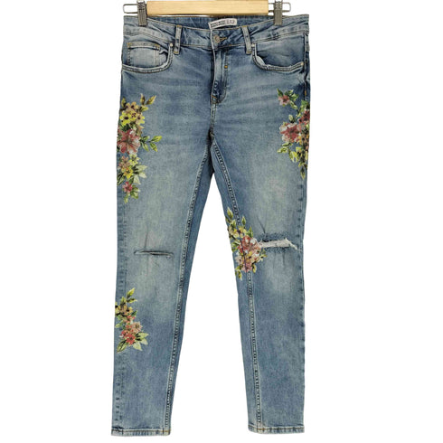 ザラ ZARA ボタニカルプリント ダメージ加工 デニムスキニーパンツ レディース 38
