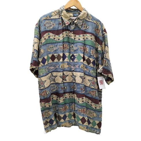 BURMABIBAS 00S 絹 シルク 100% フィッシュ スター 総柄 S/S シャツ メンズ import:L