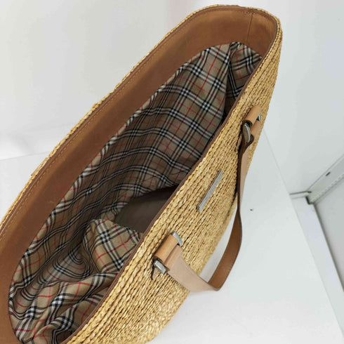 バーバリーブルーレーベル BURBERRY BLUE LABEL プレートロゴ ノバチェック 編み込み カゴバック レディース