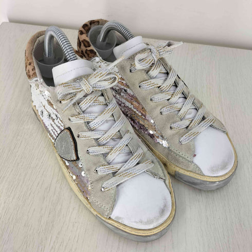 フィリップモデルパリ PHILIPPE MODEL PARIS イタリア製 スパンコール ロゴワッペンスウェード レオパード スニーカー レディース JPN:37