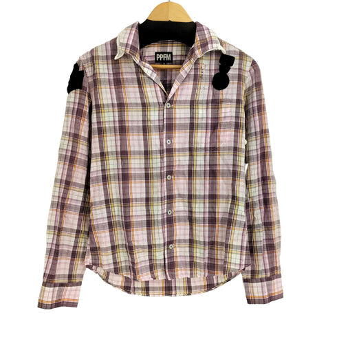 ピーピーエフエム PPFM 00S スタッズパッチデザインチェック L/S オープンカラー シャツ Y2K メンズ JPN:M