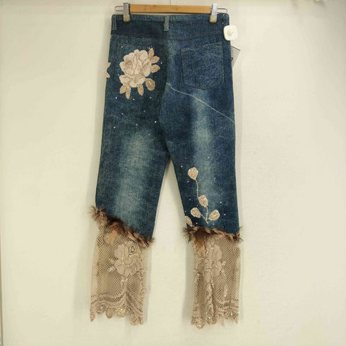 薔薇ビジュー刺繍 レース切替 デニムパンツ レディース JPN:M