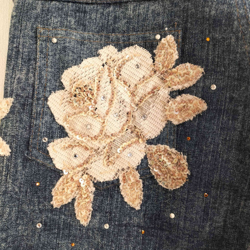 薔薇ビジュー刺繍 レース切替 デニムパンツ レディース JPN:M