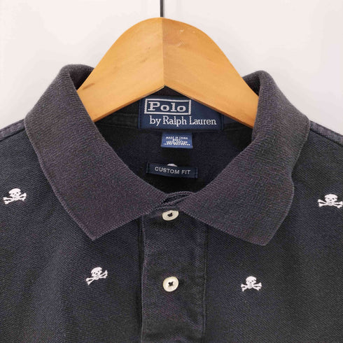 ポロバイラルフローレン Polo by RALPH LAUREN 90~00s スカル 総柄 刺繍 半袖 ポロ ポニー無し CUSTOM FIT メンズ import:L