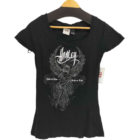 ハーレーダビッドソン HARLEY-DAVIDSON カットオフフリルラインストーンデザイン S/S Tシャツ Y2K レディース JPN:M