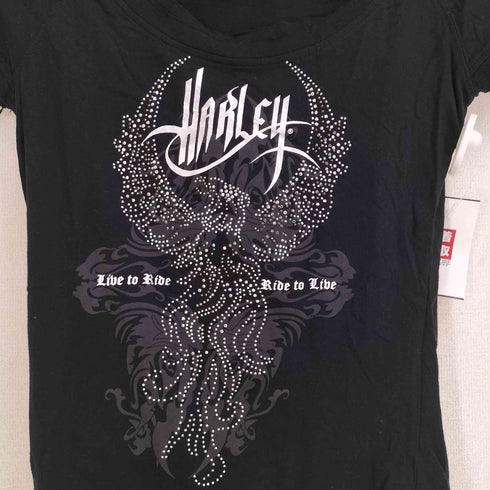 ハーレーダビッドソン HARLEY-DAVIDSON カットオフフリルラインストーンデザイン S/S Tシャツ Y2K レディース JPN:M