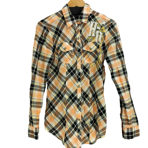 ハーレーダビッドソン HARLEY-DAVIDSON バックラインストーンデザイン チェック L/S シャツ Y2K レディース JPN:S