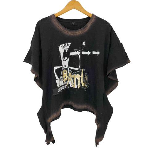 KUSO フロントイラスト デザイン ブリーチ加工 クルーネックTシャツ レディース import:S
