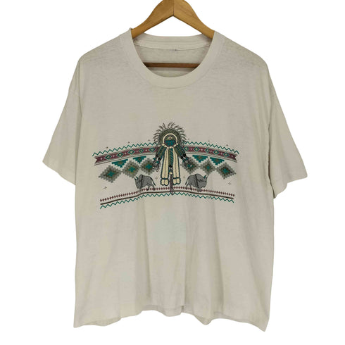 90S シングルステッチ ネイティブアメリカン プリント クルーネック 半袖Tシャツ カットソー メンズ