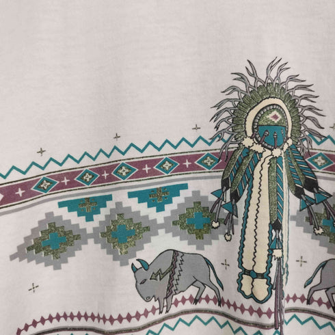 90S シングルステッチ ネイティブアメリカン プリント クルーネック 半袖Tシャツ カットソー メンズ