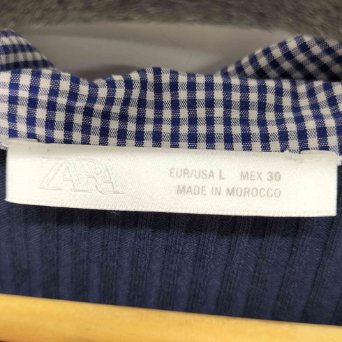 ザラ ZARA 丸襟 ギンガムチェック ハーフジップ レイヤード リブニット カットソー レディース import:L