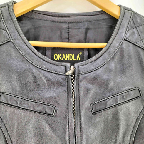 OKANDLA Y2K ノーカラー クロップド レザージャケット レディース