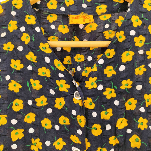 ケンゾー KENZO CLUB リップル加工 フラワープリント ギャザー Vネックノースリーブ シャツワンピース レディース JPN:38