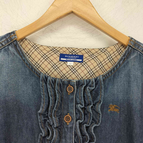 バーバリーブルーレーベル BURBERRY BLUE LABEL 裏地ノバチェック ワンポイント刺繍 フリル デニムワンピース レディース JPN:36