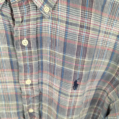 ラルフローレン RALPH LAUREN CUSTOM FIT リネン100 チェック S/S ボタンダウンシャツ メンズ L