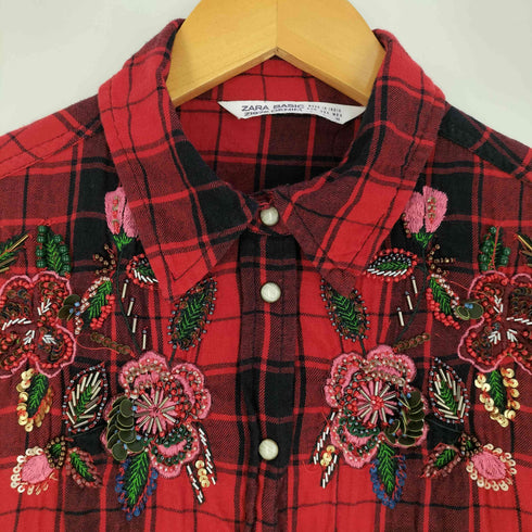 ザラ ZARA フラワービジュー スナップボタン チェックL/Sシャツ レディース import:L