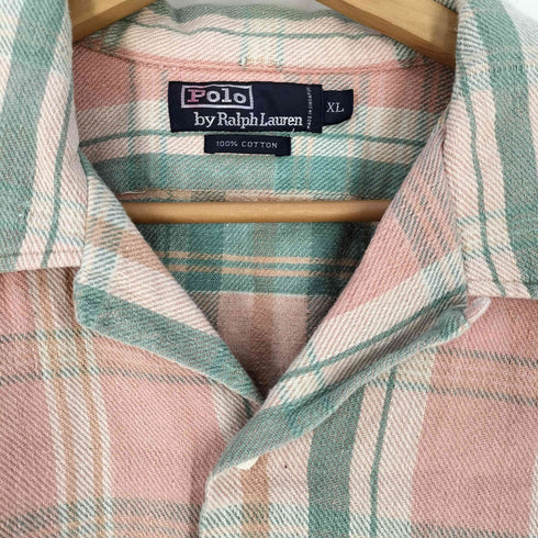 ポロバイラルフローレン Polo by RALPH LAUREN 90S マドラスチェック 開襟 ダブルポケット S/S ネルシャツ メンズ import:XL