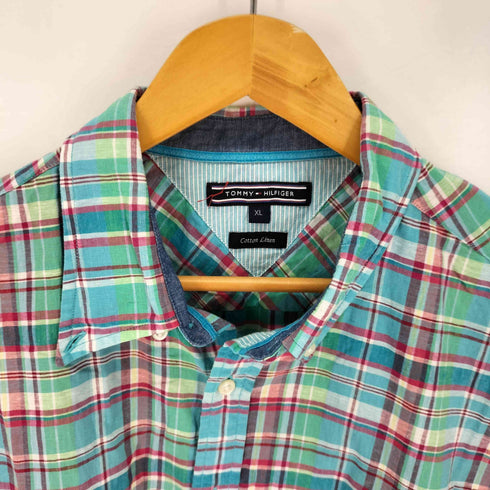 トミーヒルフィガー TOMMY HILFIGER リネンコットン チェック半袖シャツ メンズ import:XL