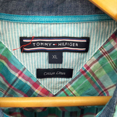 トミーヒルフィガー TOMMY HILFIGER リネンコットン チェック半袖シャツ メンズ import:XL