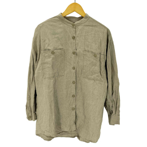 エディーバウアー Eddie Bauer 90S 白タグ 麻 リネン 100% L/S バンドカラー シャツ レディース import:M