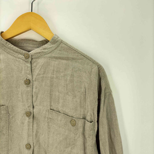 エディーバウアー Eddie Bauer 90S 白タグ 麻 リネン 100% L/S バンドカラー シャツ レディース import:M