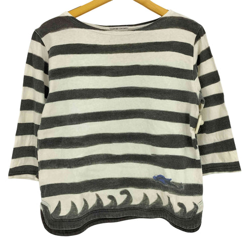 ツモリチサト TSUMORI CHISATO 波模様 クジラ プリント ボーダー ボートネック 7分袖Tシャツ レディース JPN:2