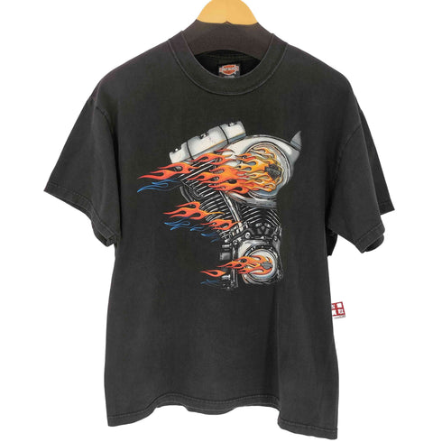 ハーレーダビッドソン HARLEY-DAVIDSON コピーライト2001 USA製 FLAMING ENGINE 両面プリントTシャツ メンズ L