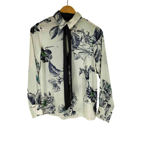 ザラ ZARA リボン付 フラワープリントサテンシャツ レディース import:XS