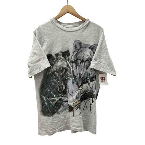 80-90S ボディ 狼 オオカミ ウルフ 両面 プリント S/S アニマル Tシャツ 裾袖 シングルステッチ 霜降り ボックス メンズ
