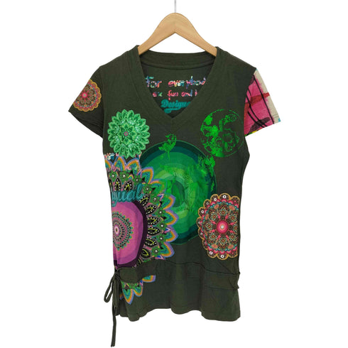 デシグアル Desigual ラインストーン アートプリント Vネック 半袖 Tシャツ レディース