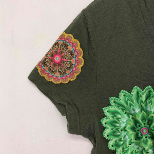 デシグアル Desigual ラインストーン アートプリント Vネック 半袖 Tシャツ レディース