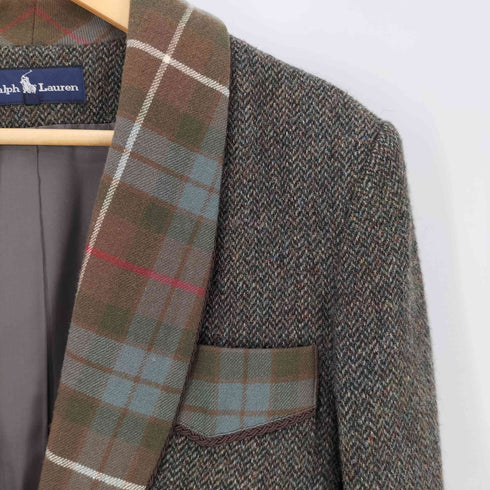 ラルフローレン RALPH LAUREN ショールカラー チャイナボタン チェック切替 ウール ヘリンボーン テーラードジャケット レディース JPN:9号
