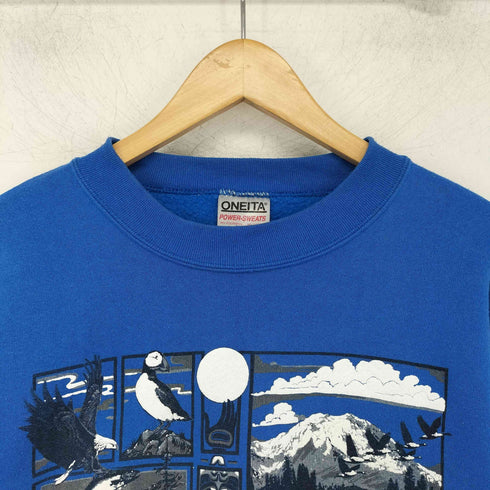 オニータ ONEITA 80S 初期銀タグ MADE IN USA ALASKAフロッキープリントクルーネックトレーナー メンズ L