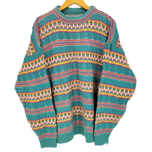 CROSSINGS 90s USA製 マルチカラーボーダー ローゲージ コットン クルーネックニット メンズ import:XL