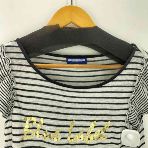 バーバリーブルーレーベル BURBERRY BLUE LABEL Linen 100% Border TEE ラメ プリント フリル スリーブ ボーダー 麻 リネン 100% Tシャツ レディース 38
