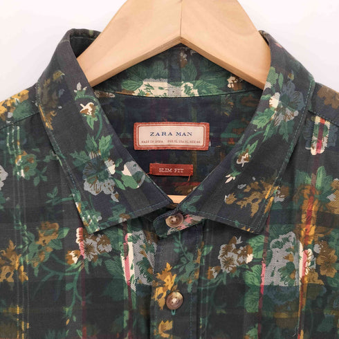 ザラマン ZARA MAN SLIM FIT チェック フラワープリント レギュラーカラー L/S シャツ メンズ import:XL