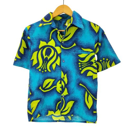 80-90S 総柄 ハワイアン S/S アロハ シャツ 襟芯 短丈 ボックス メンズ