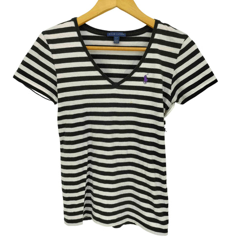ラルフローレン RALPH LAUREN ポニー刺繍 Vネック ボーダー 半袖 Tシャツ レディース JPN:S