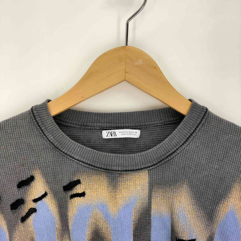 ザラ ZARA ワッフル生地 プリント ダメージ加工 クルーネック Tシャツ メンズ import:M